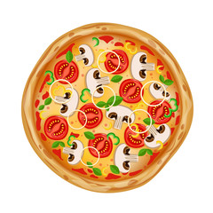 Top view pizza with various ingredients. Whole pizza with mushrooms, tomatoes, onions, peppers and cheese. Italian pizza