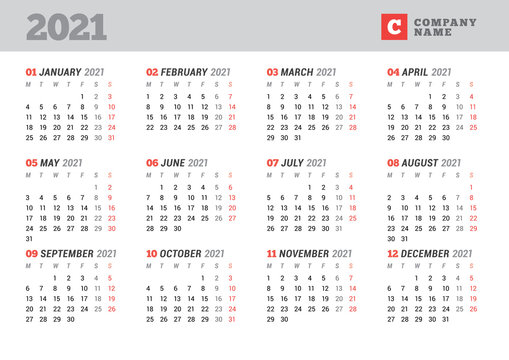 Calendar  for 2021 year. Business monthly planner. Stationery design. Week starts on Monday.