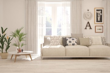 White living room with sofa. Scandinavian interior design. 3D illustration