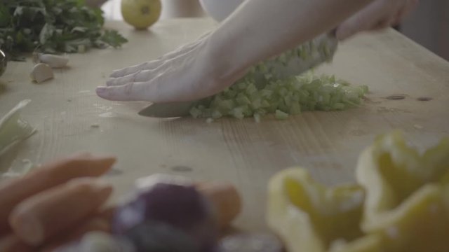 Moments of daily life in the Mediterranean cookery: slog flat color low angle view of a young female cook cutting celery with various vegetables around on her light wooden work table in home cuisine