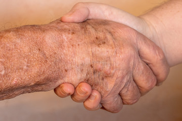 Handschlag zwischen sehr alter Hand und junger Hand