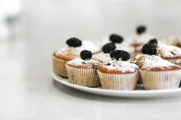 Plate with freshly baked sweet muffins. Sweet pastries, recipes, cooking