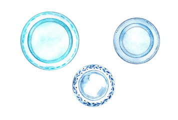 Blue plates set. Watercolor painting, single elements. Tableware. Design for kitchens and cafes.