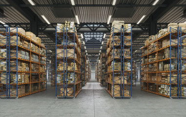 Products  at the warehouse hall. Horizontal camera view along the rows shelves with cardboard boxes in warehouse storage room. Logistics center interior full of racks with large number packs	