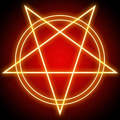 Glowing bright pentagram star and double circles shining red on dark background. Religious satanic symbol and icon of demons and hell. Concept illustration of geometric neon lines