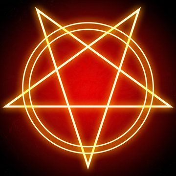 Glowing bright pentagram star and double circles shining red on dark background. Religious satanic symbol and icon of demons and hell. Concept illustration of geometric neon lines