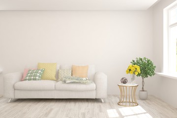 Obraz premium White living room with sofa. Scandinavian interior design. 3D illustration