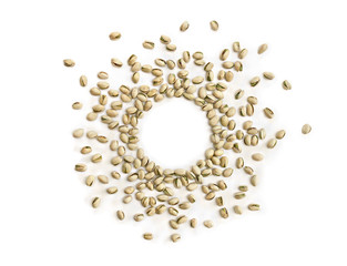 Roasted and salted pistachios in shell on white background with space for text. Top view, flat lay