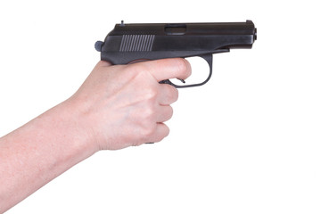 female hand holding gun