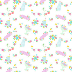 Hand drawn soft colors seamless pattern with love, candy and lemonade, pastel colors wall paper, cute background 