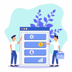 Business people point their charts at the digital screen. Team work. Business presentation. Flat vector illustration.