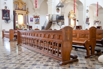 old wooden benches in the cathedral.