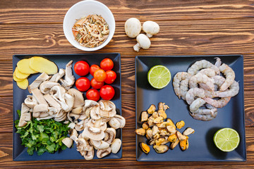 Fresh seafood, vegetables and mushrooms