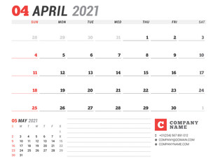 Business monthly planner for April 2021. Stationery design. Week starts on Sunday.