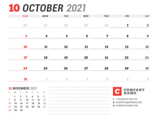 Business monthly planner for October 2021. Stationery design. Week starts on Sunday.