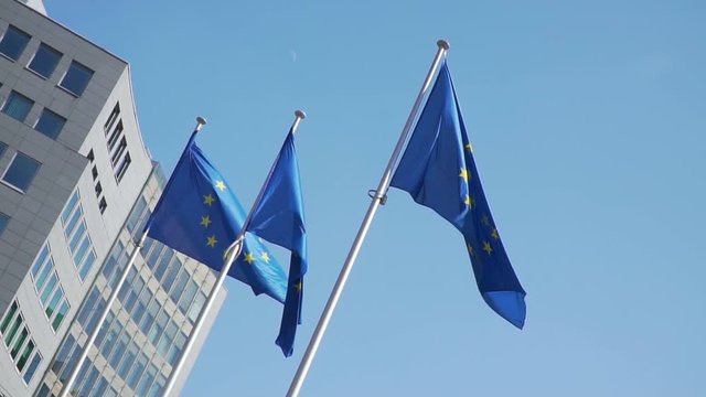 Brussels, Belgium - 04/11/2019 European Union flags wave in the wind in front of the European Commission. European cartier. Full HD, 1080p 100fps