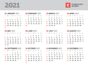 Calendar for 2021 year. Stationery design. Week starts on Sunday.