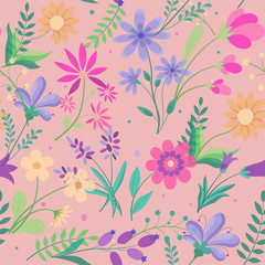 Vector floral pattern in doodle style with flowers and leaves. spring floral background.
