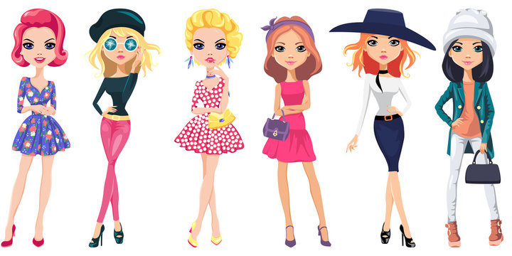 Vector set of cute beautiful girls in dresses, hats, in trendy mirrored glasses, with bags.
