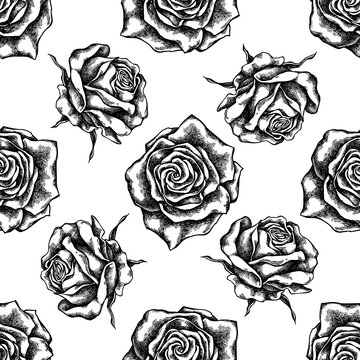 Seamless pattern with black and white roses