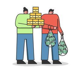 Food Donation And Shopping Concept. Volunteers Man And Woman Are Standing Holding Lots Of Food Supply. People Are Donating Food To Poor People. Cartoon Linear Outline Flat Style. Vector Illustration