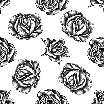Seamless pattern with black and white roses
