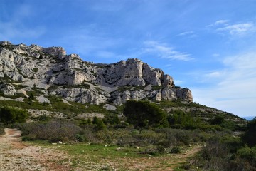 Fototapeta na wymiar Coastal rocks and hills in Calanques National Park South of France