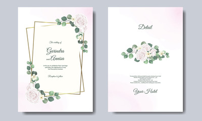 Fototapeta na wymiar Elegant wedding card with beautiful floral and leaves template premium Vector