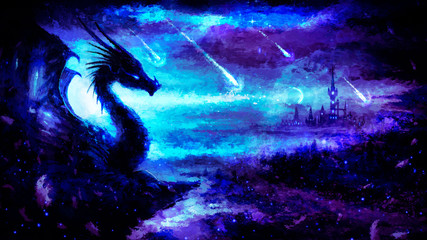 The majestic silhouette of a dragon lying peacefully on the mountain, against the backdrop of a stargazing sky and a city on a hill. 2d illustration. © warmtail