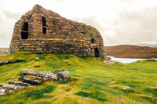 Carloway, Isle of Lewis, Scotland / UK - August 28, 2014: The broch of Dun Carloway in the Outer Hebrides.