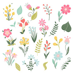 Set of flat Spring flower icons in silhouette isolated on white. Cute illustrations in bright colors for stickers, labels, tags, scrapbooking.