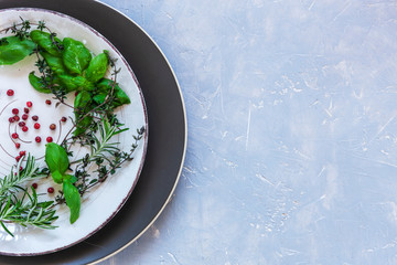Spicy herbs, seasonings and spices. Close-up, top view on a light gray background