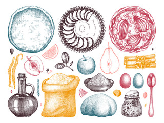 Desserts cooking process collection. Hand drawn baking cakes, pies, dough, ingredients, kitchen stuff set. Homemade fruits dessert recipe book design elements. Top view food delivery illustration.