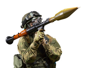 American soldier aims at the sight of an RPG on a white background. The concept of military special...