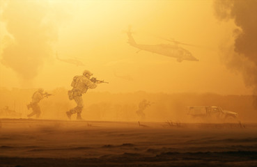 Military troops and helicopter on the way to the battlefield / Between sand storm in desert