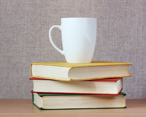  white mug and books on the table.