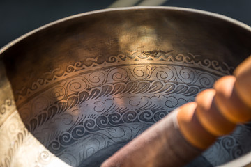 Close-up of a hand-made singing bowl from Nepal, used for religious purposes and relaxation