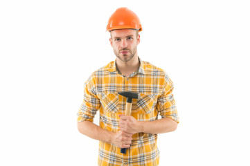 Wake up masters in yourself. Inspired guy with hammer. Improvement and renovation. Man builder or inspector. Engineer architect builder. Man builder hard hat. Handyman at workshop. DIY project