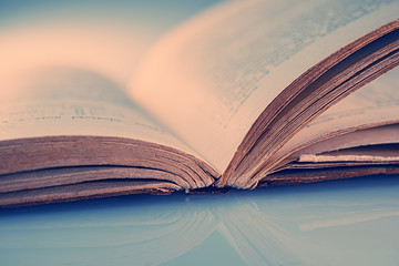 Open pages of an old book on a light blue background.