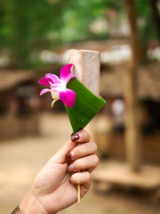 The hand holding Ice cream decorated with banana leaves and flowers.