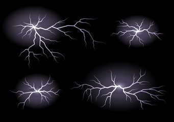 Set of lightnings isolated on black background. Thunderstorm and lightning. Vector Illustration.
