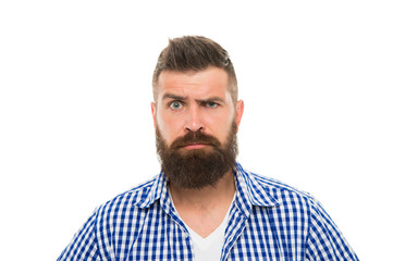 Obraz premium Wait what. Man serious face raising eyebrow not confident. Have some doubts. Hipster bearded face not sure in something. Doubtful bearded man on white background close up. Doubtful expression