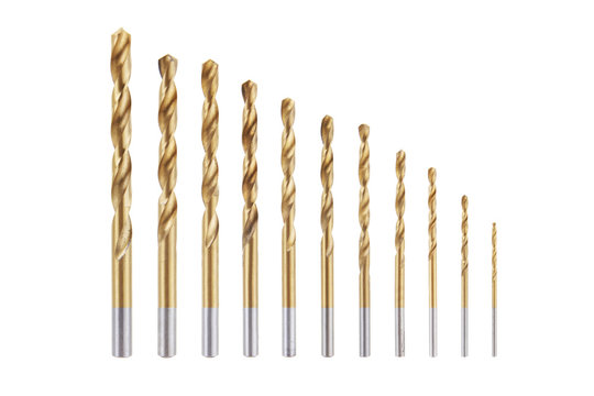 Set of drill bits 6.5mm 6mm 5.5mm 5mm 4.5mm 4mm 3mm 2mm 1.5mm 1mm isolated on white with clipping path