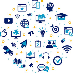 e-learning vector illustration. Concept with icons related to blended learning, technology assisted digital education / webinar or online seminar.