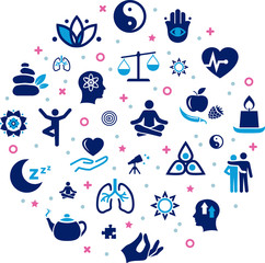 mindfulness / meditation / relaxation concept – connected icons related to mindful living, awareness, stress-relief - vector illustration