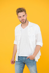 Reached privileged position. Sexy macho man. Formal fashion. Formal style. Clothes shop. Attractive...