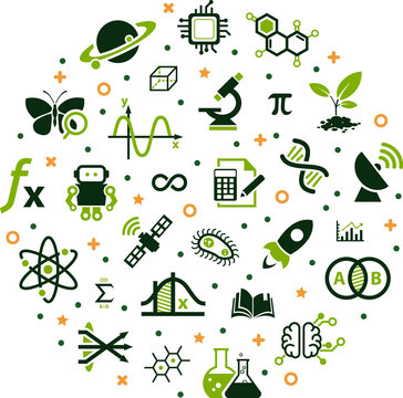 STEM / science vector illustration. Concept with icons related to technology, engineering, mathematics, biology, information technology and science education or research.