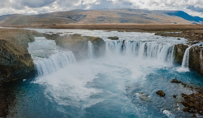 Selfoss waterfall. Beauty of the world. Wonderful landscape in Iceland. Beautiful dawn. Famous Tourist Attraction. Aerial shot.