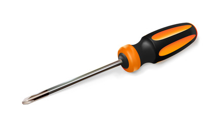Orange professional realistic screwdriver with a plastic handle. isometric 3d construction tool isolated on white background. Vector illustration. Cruciform for repair and construction.
