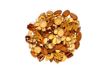 Mixed nuts isolated on white background. Healthy snack and food. Salted and spicy pistachios, cashew, pecan, walnuts, macadamia and almond. Top view. Huge variety of healthy nuts assortment